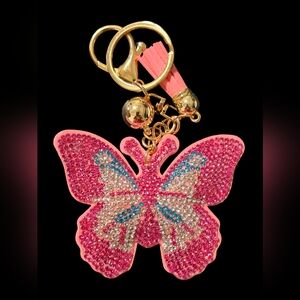 Pink Butterfly Bag Charm Keychain with Gold Accents